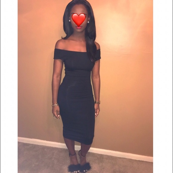 SOLD- Black Off the Shoulder / Bardot Midi Dress - Picture 4 of 7