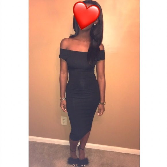 SOLD- Black Off the Shoulder / Bardot Midi Dress - Picture 5 of 7