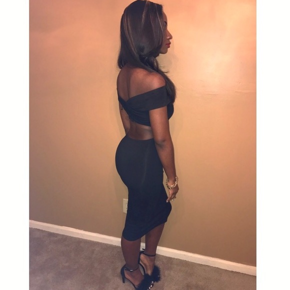 SOLD- Black Off the Shoulder / Bardot Midi Dress - Picture 7 of 7