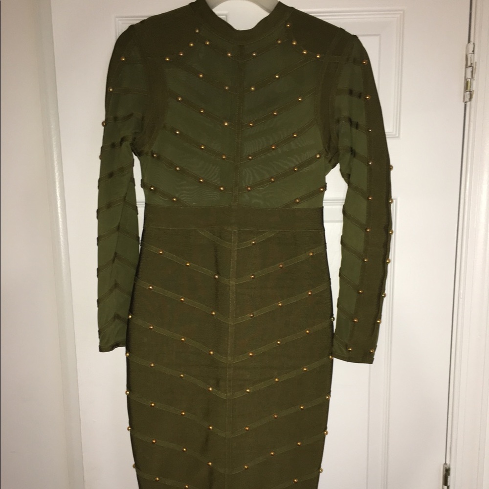Olive bandage dress with gold studs