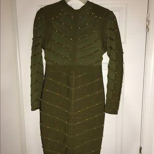Olive bandage dress with gold studs