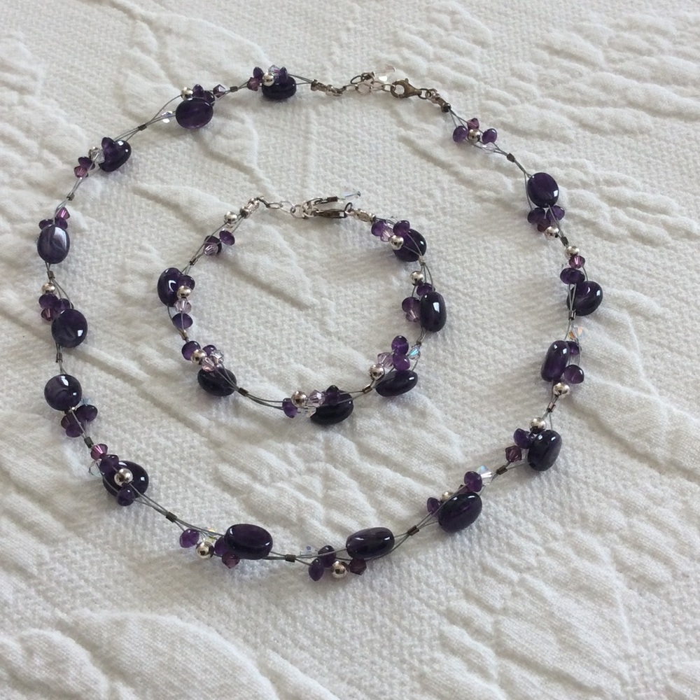 Handmade purple beaded necklace and bracelet set