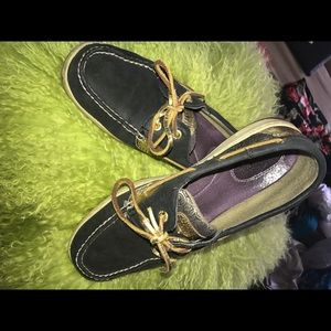 Sperry Topsider brown/gold brocade shoes 8.5