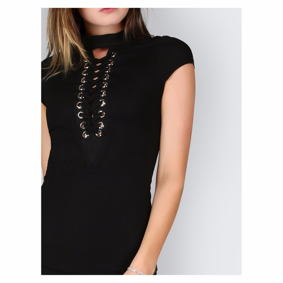 Black Eyelet Bodycon Mini Dress - Picture 4 of 7