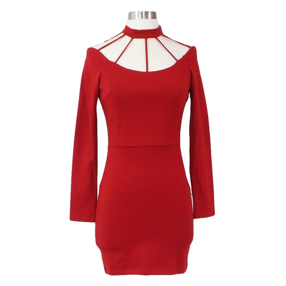 ⚡️Red Long Sleeve Chocker Strappy Bodycon Dress - Picture 5 of 7