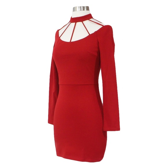 ⚡️Red Long Sleeve Chocker Strappy Bodycon Dress - Picture 6 of 7