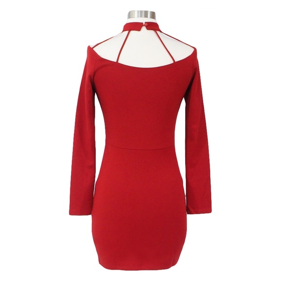 ⚡️Red Long Sleeve Chocker Strappy Bodycon Dress - Picture 7 of 7