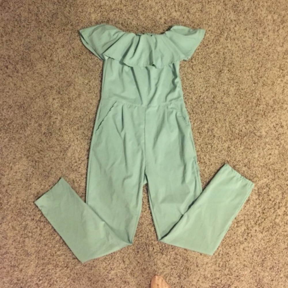 Green off the shoulder jumpsuit/romper