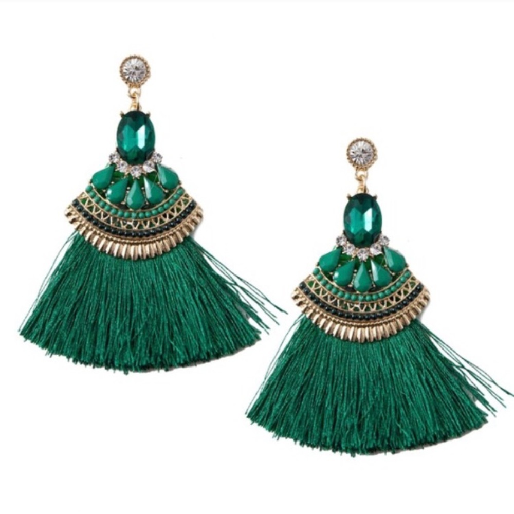 Emerald Green Stunning Tassel Earrings