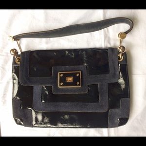 Anya Hindmarch Bag. Black patent, navy suede trim.