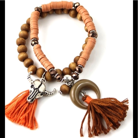 NEW 2 Bracelets Cow Skull Moon Tassels Jewelry - Picture 4 of 4