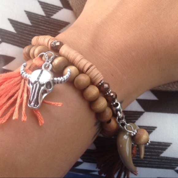NEW 2 Bracelets Cow Skull Moon Tassels Jewelry - Picture 2 of 4