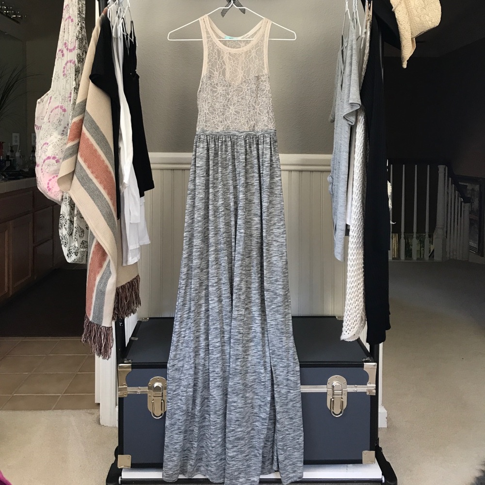 Gray maxi dress with cream lace and leg slit