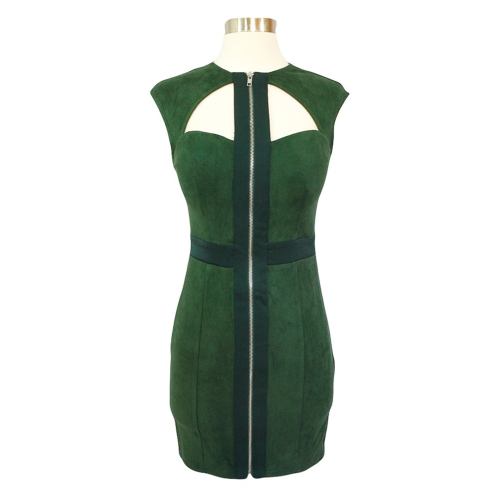 ❗️Green Sleeveless Front Zip Faux Suede Mini Dress - Picture 5 of 7