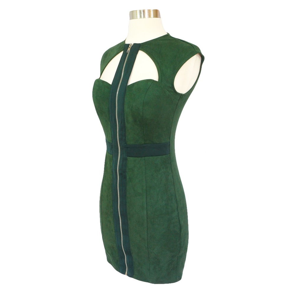 ❗️Green Sleeveless Front Zip Faux Suede Mini Dress - Picture 6 of 7
