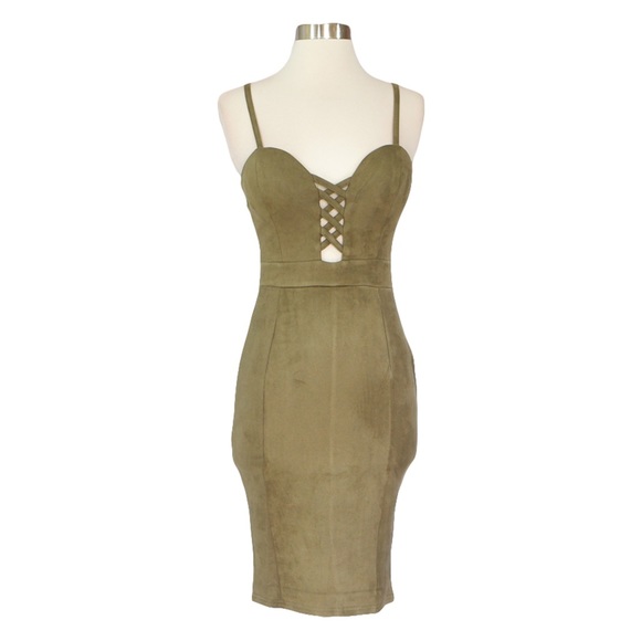 Olive Green Faux Suede Bodycon Dress - Picture 5 of 7