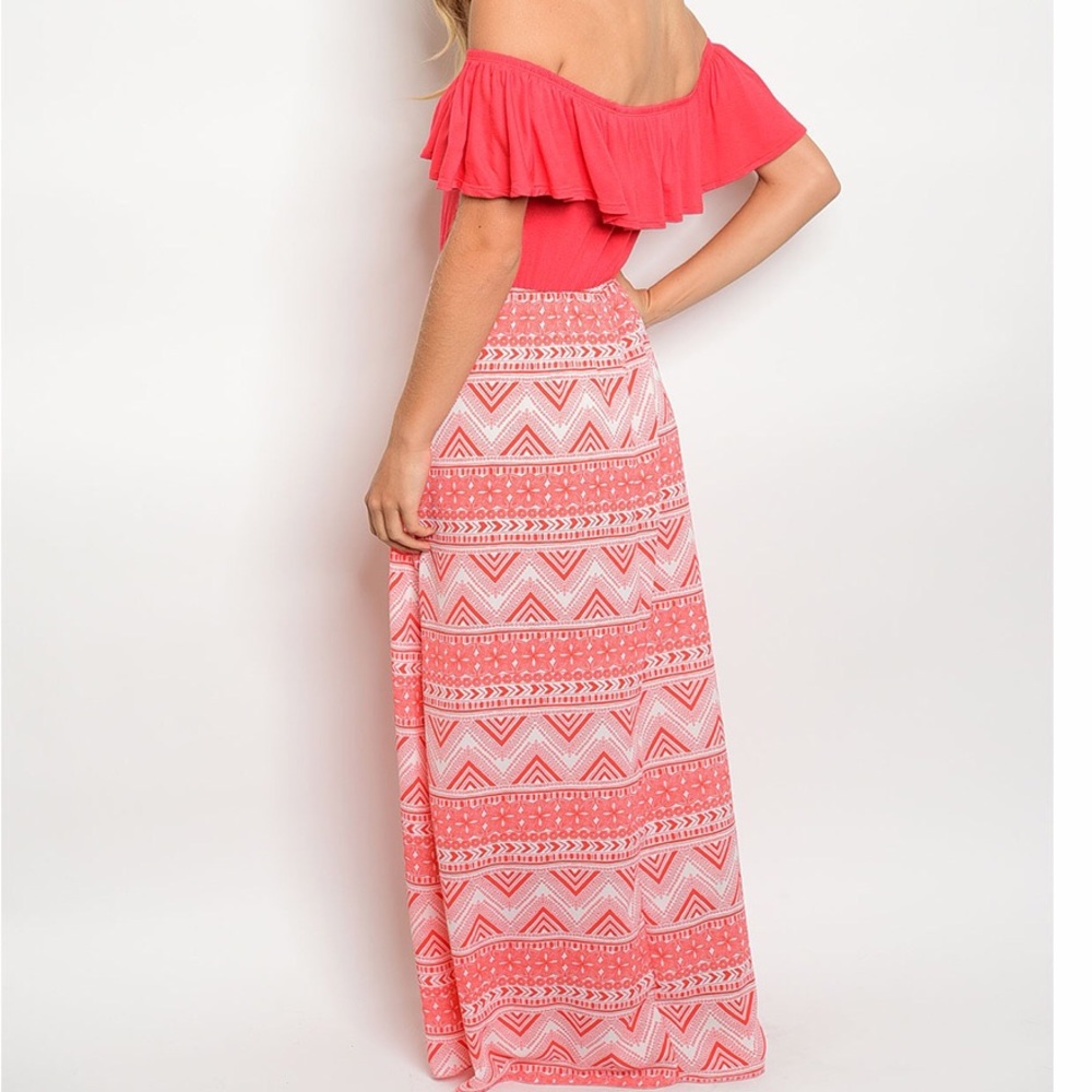 ⚡️Coral Tribal Off Shoulder Ruffle Maxi Dress - Picture 3 of 4
