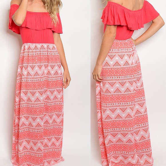 ⚡️Coral Tribal Off Shoulder Ruffle Maxi Dress - Picture 2 of 4