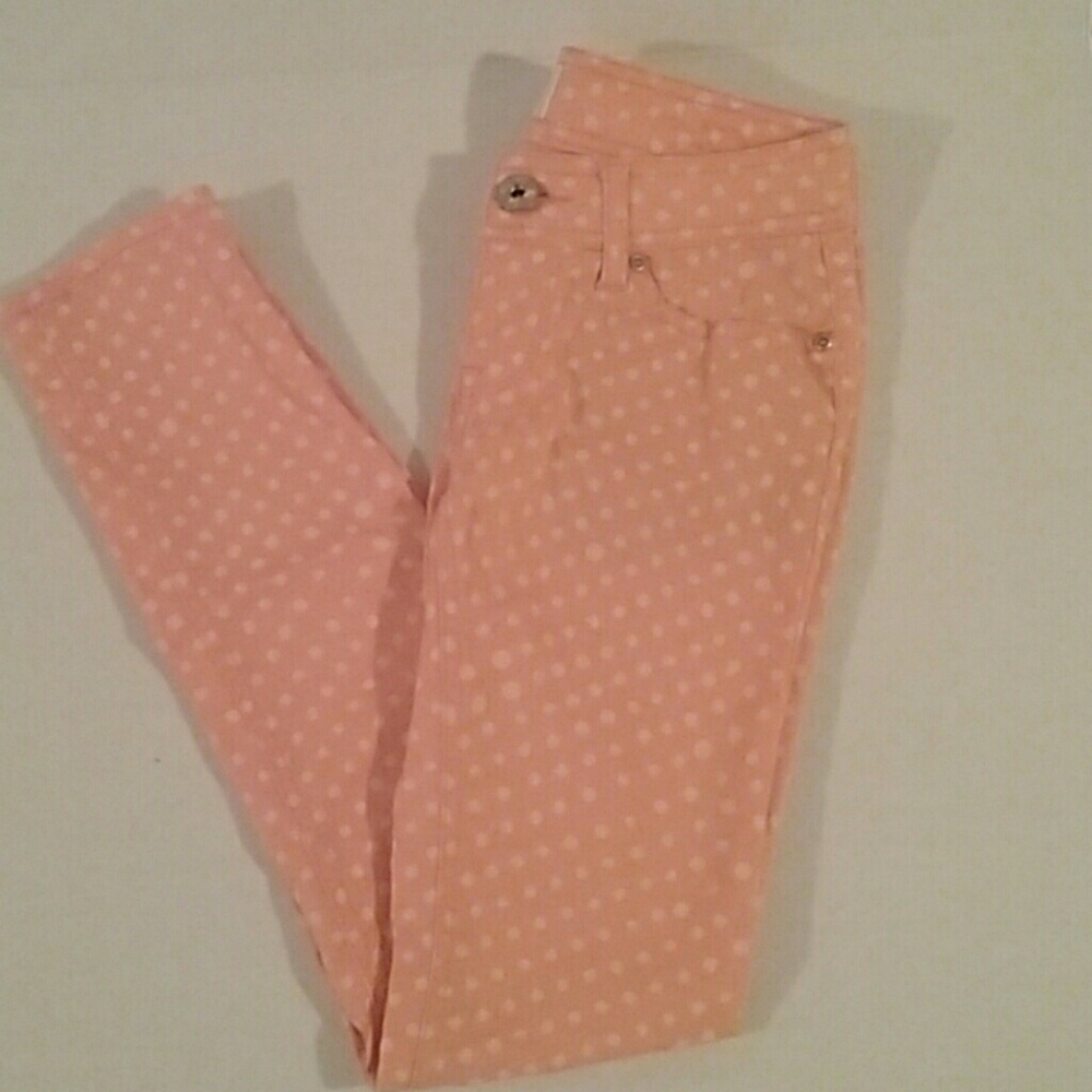 Peach skinnys with light polka dots