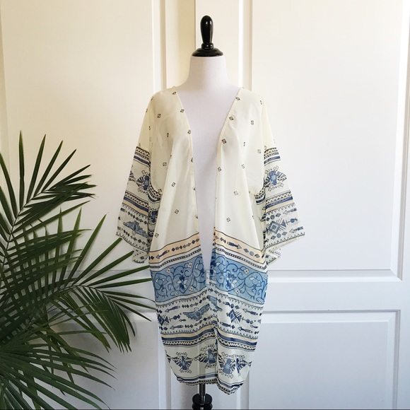 Aztec Print Sheer Cream Kimono / Beach Cover Up - Picture 2 of 6