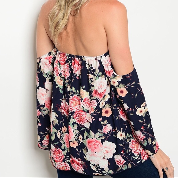 FINAL MEDIUM Navy and Pink Floral Off Shoulder Top - Picture 2 of 4