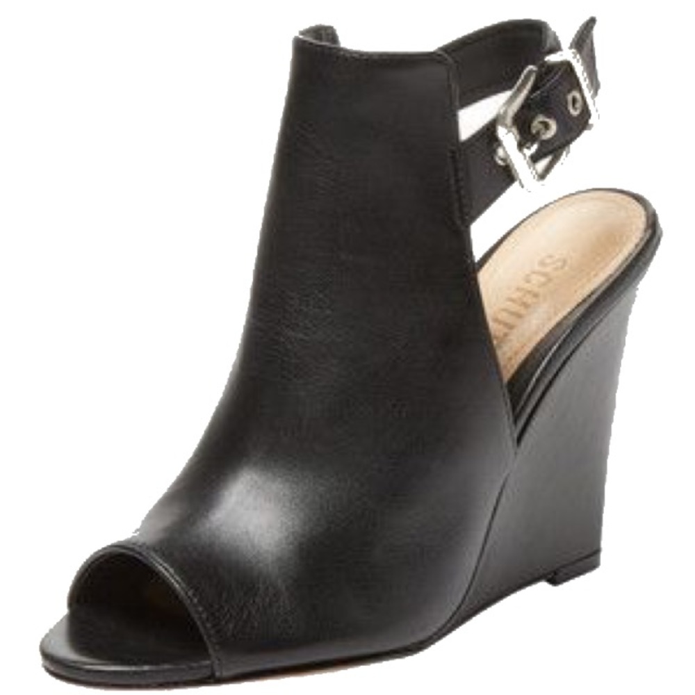 Black leather peep toe Schutz wedges.