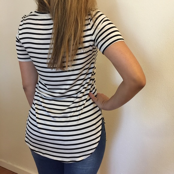 LAST 1 Black & White Striped Curved Hem V Neck Tee - Picture 4 of 8
