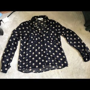 Navy and tan polka dot blouse