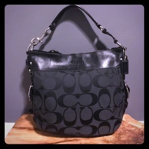 Coach Black Signature Fabric Hobo, Leather Trim