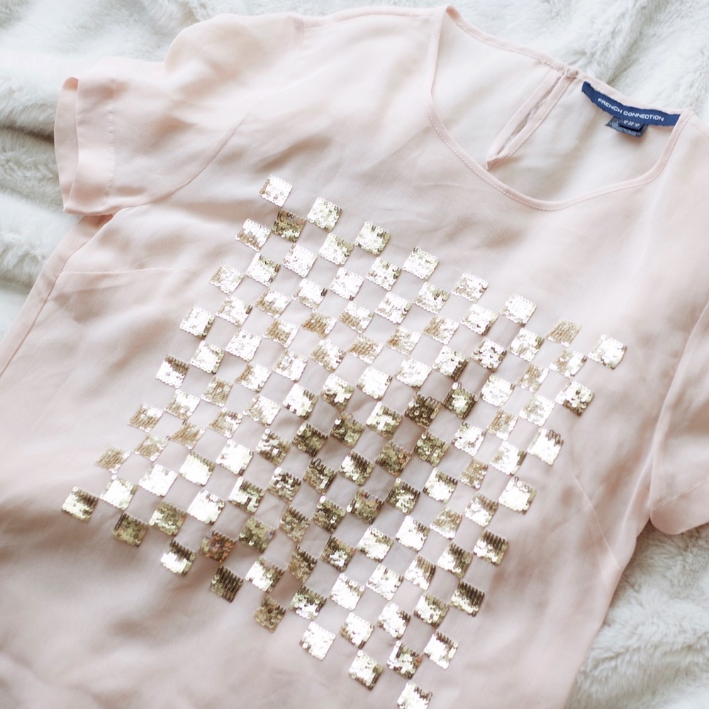 🎀 French Connection Sheer Pink & Sequin Blouse