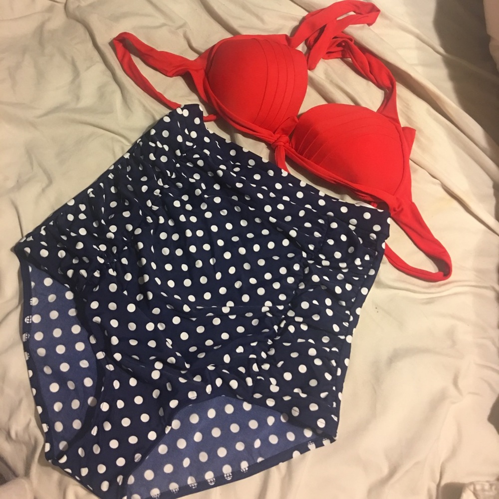 Navy and red polka dot high waisted ruched bikini