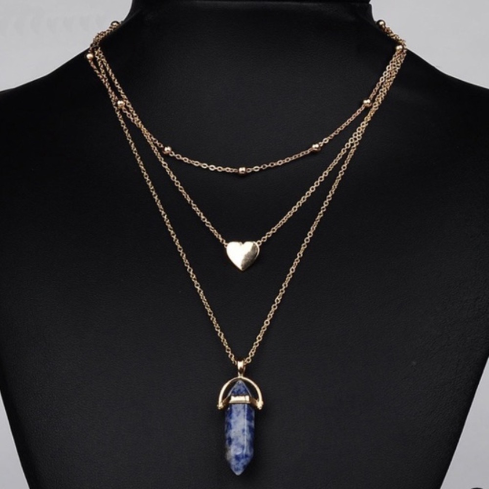 3 Chain Gold Choker w/ Blue Quartz & Heart Pendant
