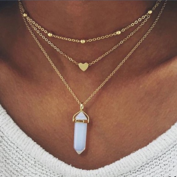 3 Chain Gold Choker w/ Blue Quartz & Heart Pendant - Picture 3 of 5