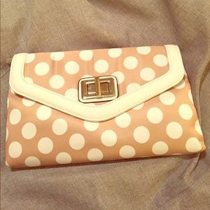 Aldo tan and white polka dot clutch