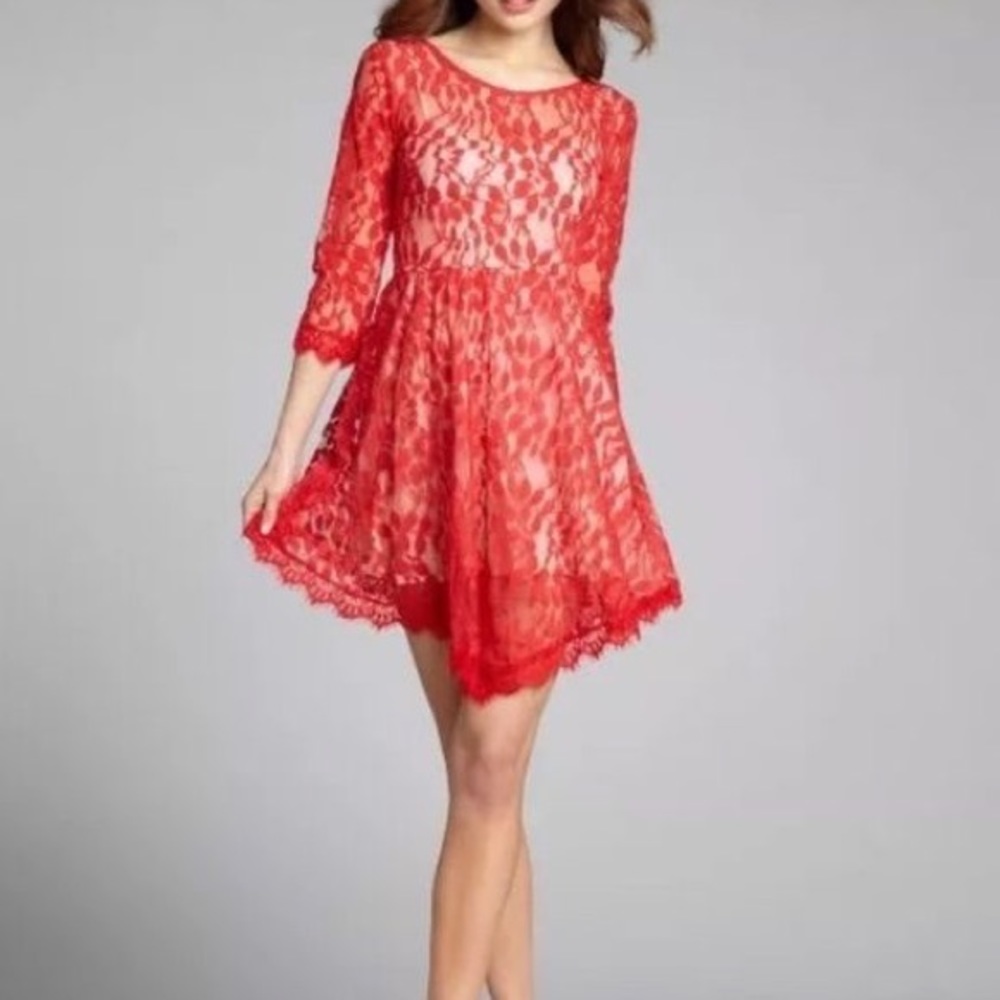 Free People red lace dress 3/4 sleeves