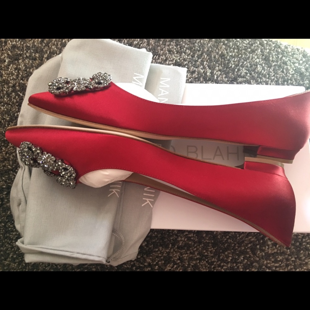 Manolo Blahnik Hangisi Medium Red Satin Flats, 39 - Picture 7 of 7