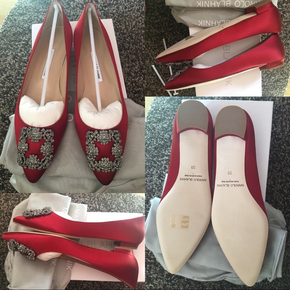 Manolo Blahnik Hangisi Medium Red Satin Flats, 39 - Picture 5 of 7