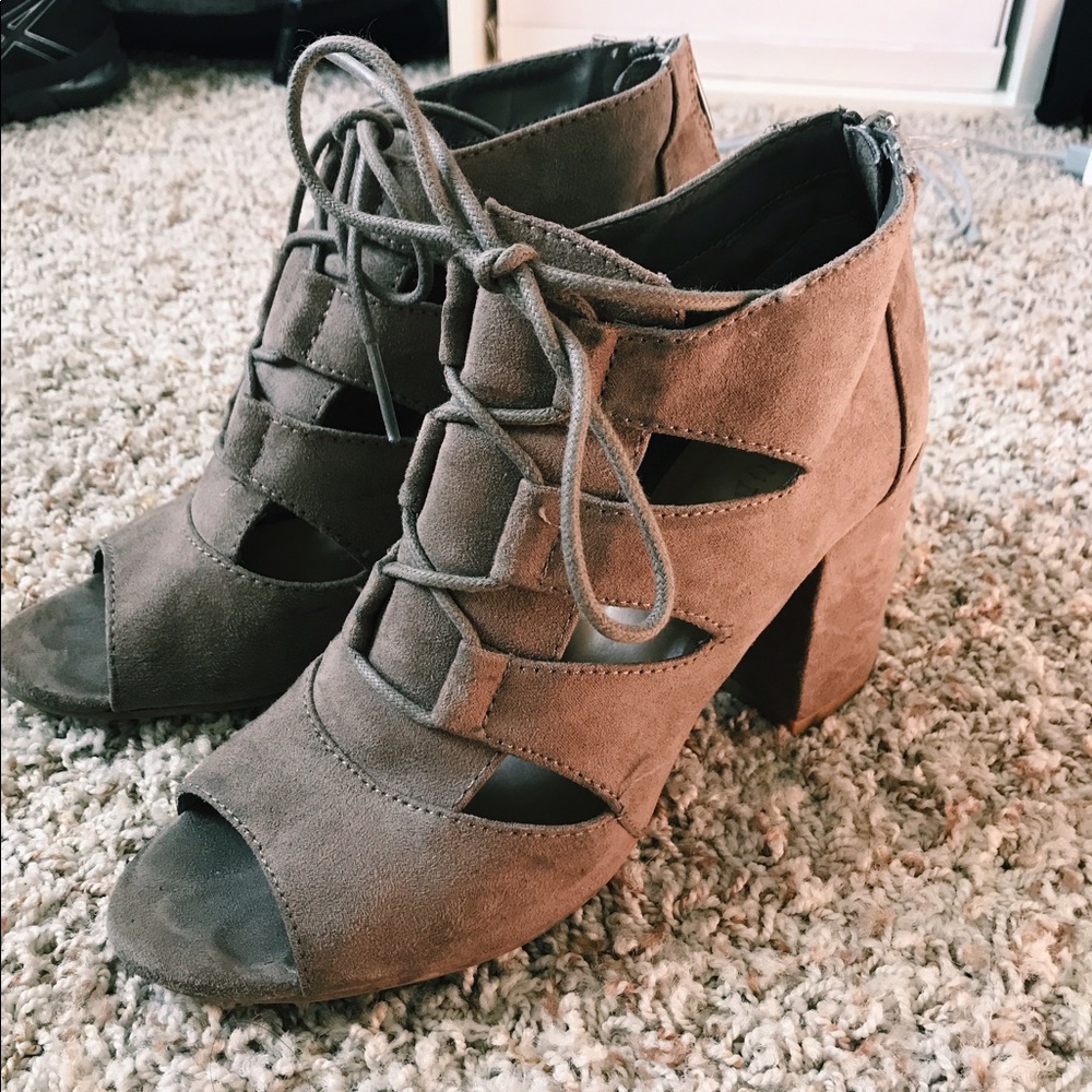 Lace Up Tan Open Toe Booties