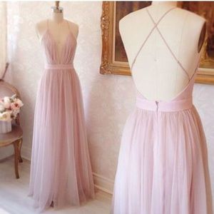 Pink V-neck Long Prom Dress