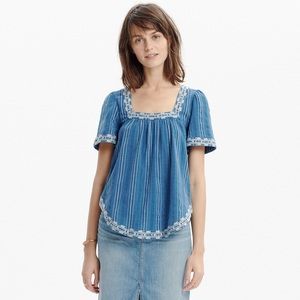 Madewell Blue Top Arrow Stitch Peasant Top sz XS