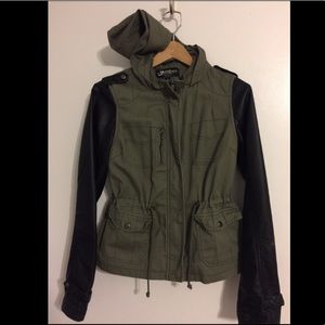 Olive green cargo jacket with leather sleeves