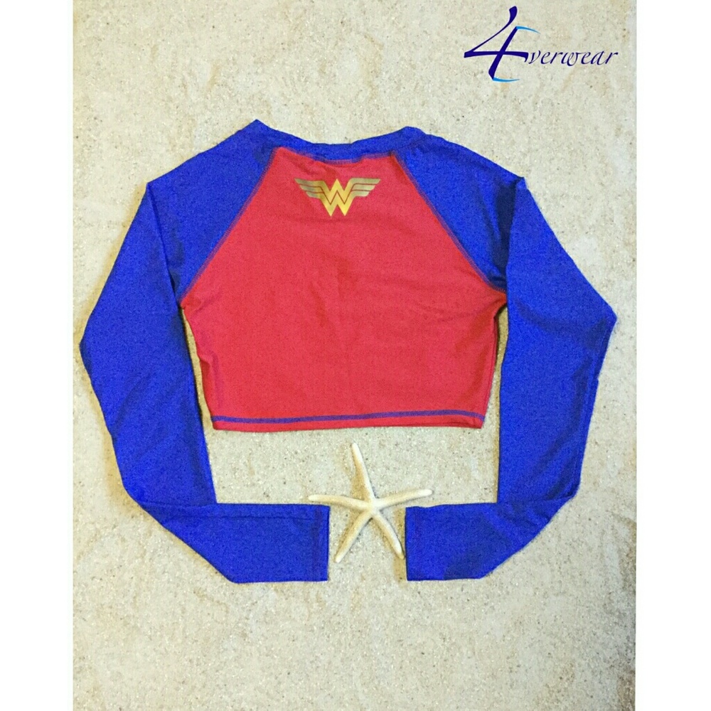WONDER WOMAN CROP RASH GUARD Top Only - Picture 2 of 3