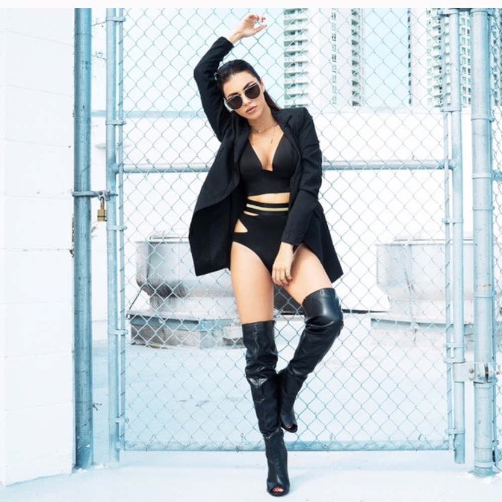 Black peep toe thigh high boots