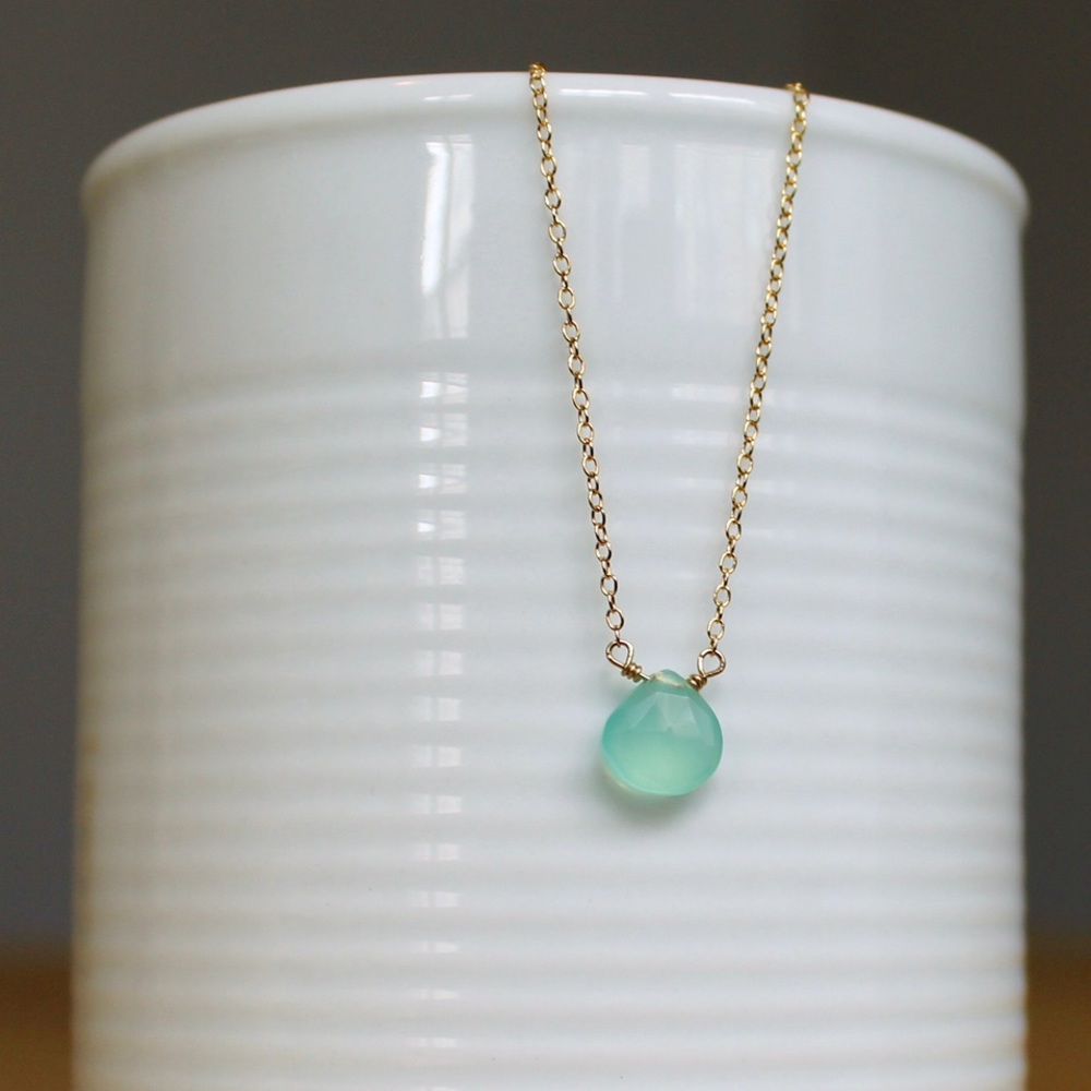 Aqua Seafoam Green Necklace, Minimalist Gold