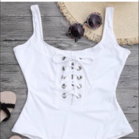 White Lace Up Front Bathing-suit - Picture 3 of 7