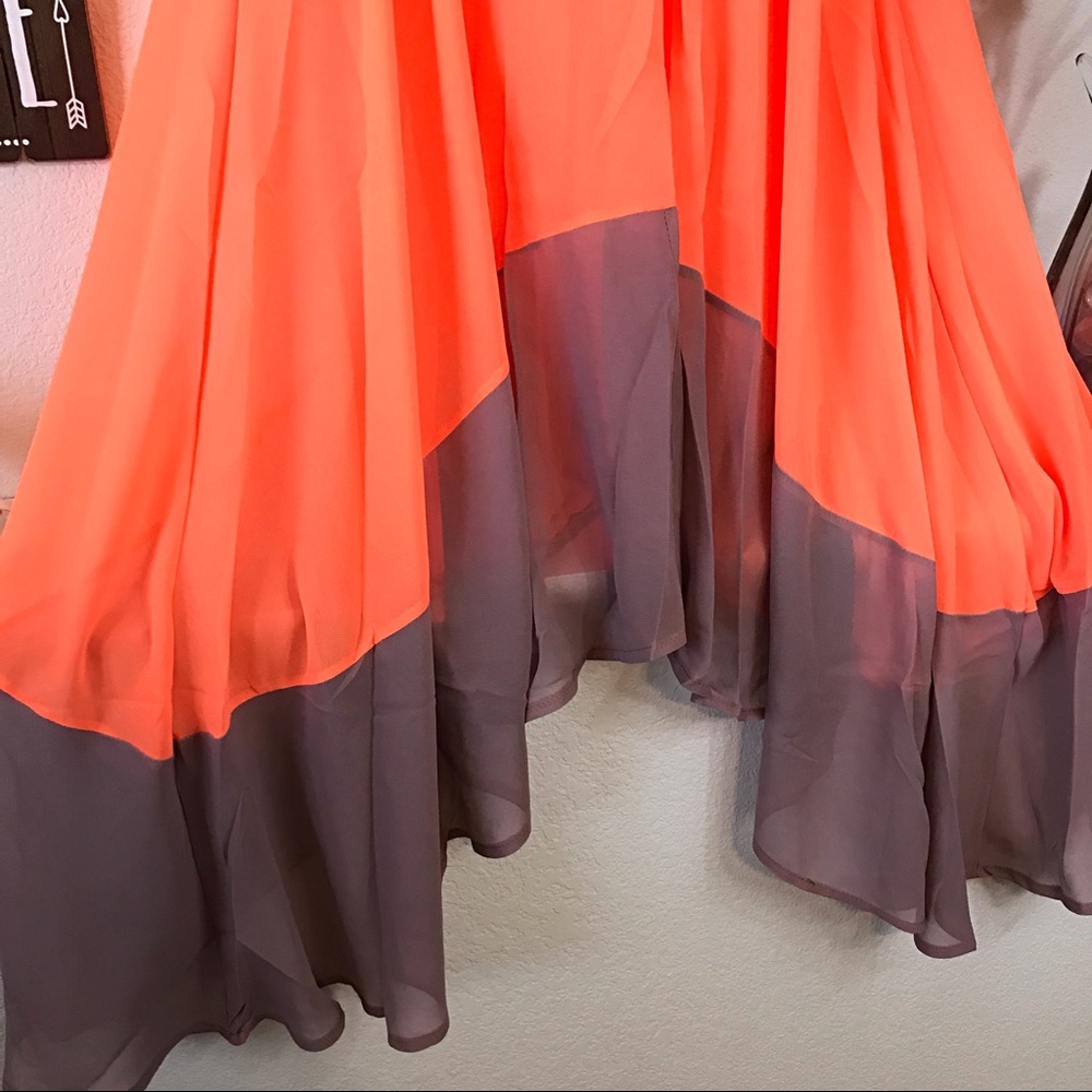 Chiffon Orange Tan Hi-Lo Color-block Flowing Dress - Picture 3 of 8