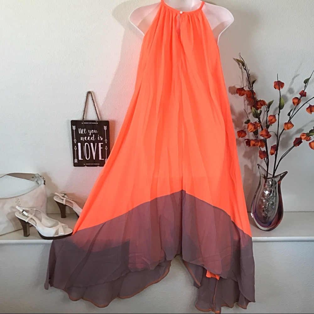 Chiffon Orange Tan Hi-Lo Color-block Flowing Dress - Picture 4 of 8