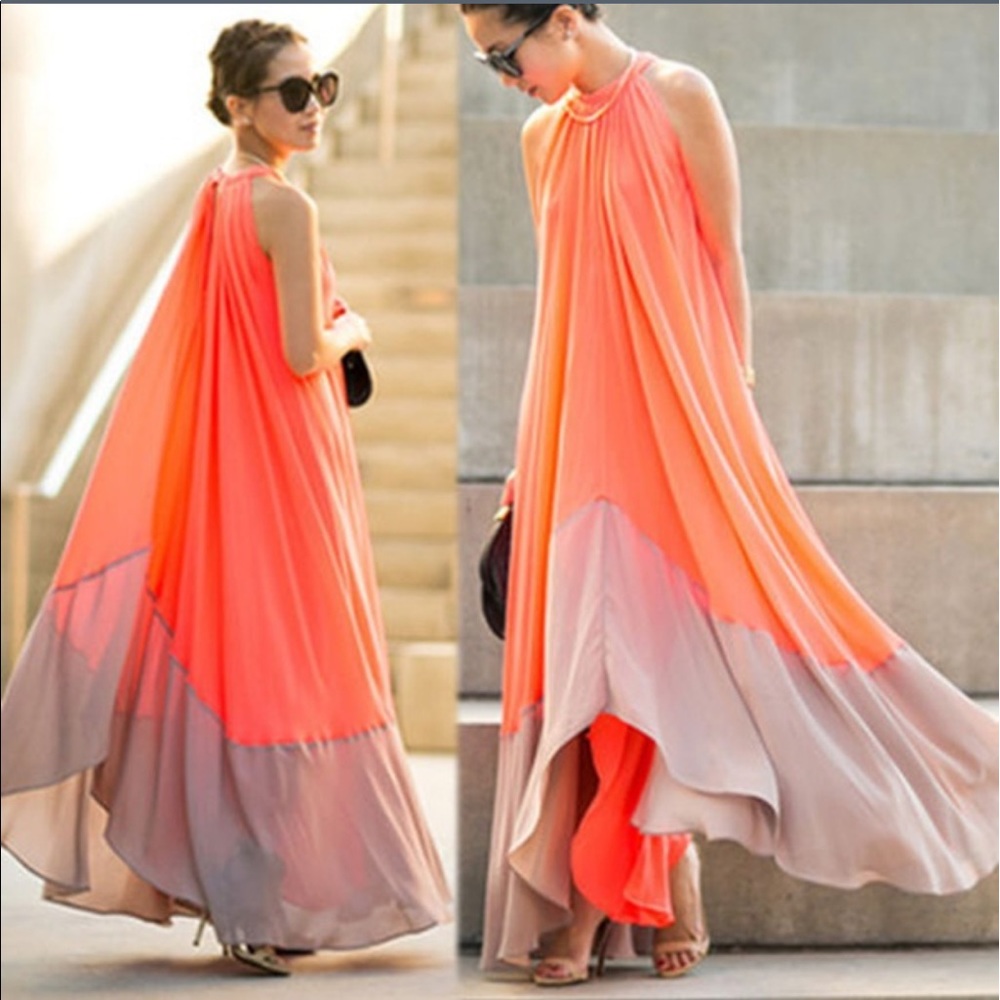 Chiffon Orange Tan Hi-Lo Color-block Flowing Dress - Picture 2 of 8