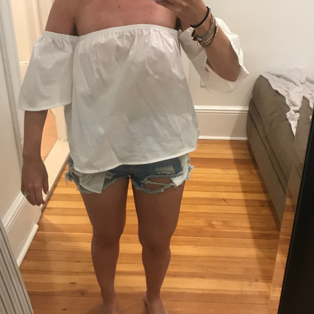 White crop top off the shoulder