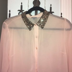 Sheer pink button down blouse with sequined collar